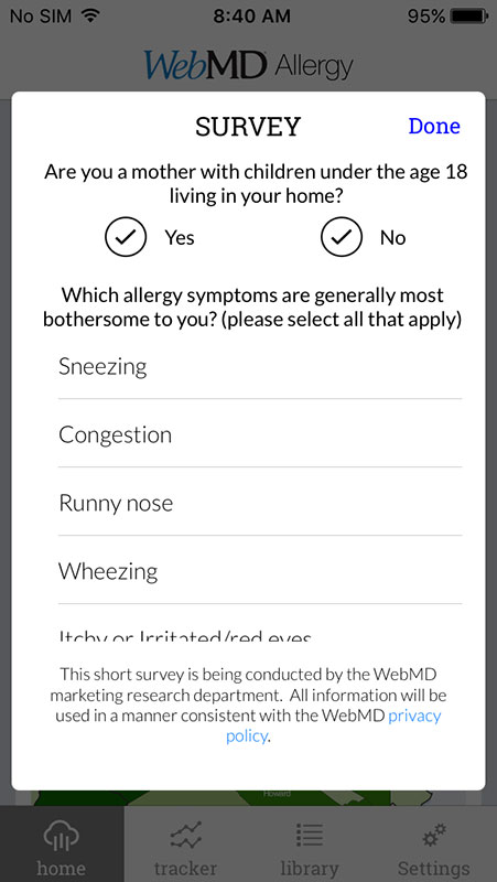 WebMD Allergy App, comprehensive allergy resource and tracker with