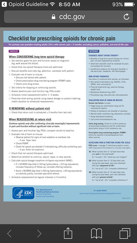 CDC Opioid Guideline App, a quick reference guide on safe opioid